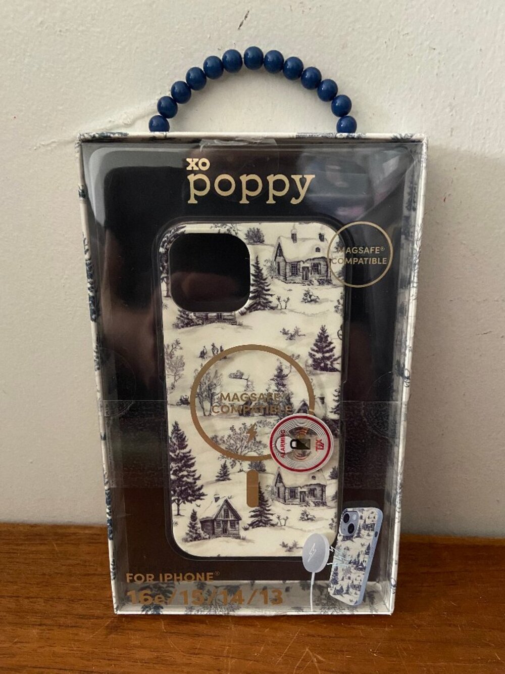 XO Poppy iPhone 16e 15 14 13 Toile Cabin Winter Scene Phone Case Blue MagSafe 16